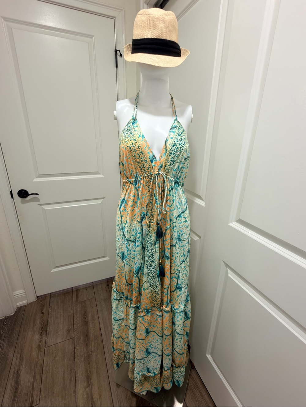 Boho Tie-Front Maxi Dress in Teal and Yellow